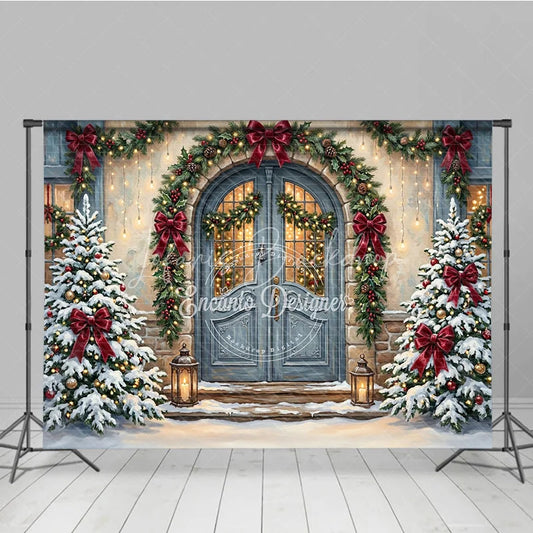 Lofaris Snowy Christmas Trees and Red Bows Holiday Backdrop Festive Winter Entrance with Cozy Lanterns