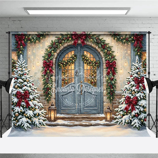 Lofaris Snowy Christmas Trees and Red Bows Holiday Backdrop Festive Winter Entrance with Cozy Lanterns