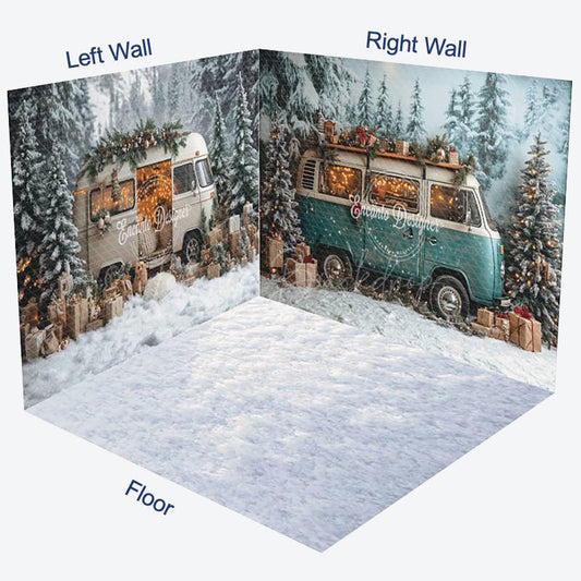 Lofaris Snowy Christmas Vibe Car Forest Room Set Backdrop
