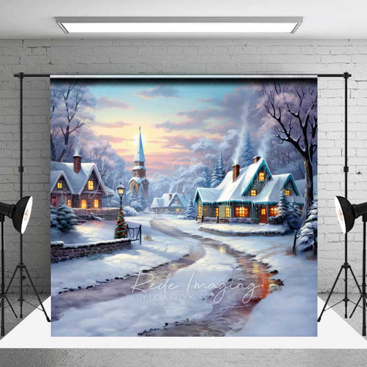 Lofaris Snowy Christmas Village Photography Backdrop Cozy Cottages in Winter Painted Holiday Landscape Photo Prop