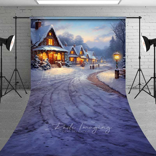 Lofaris Snowy Christmas Village Sweep Photo Backdrop Painted Cottages at Dusk Winter Wonderland Holiday Prop