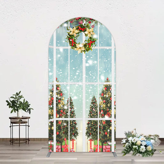 Lofaris Snowy Christmas Wreath Window Scene Arch Backdrop