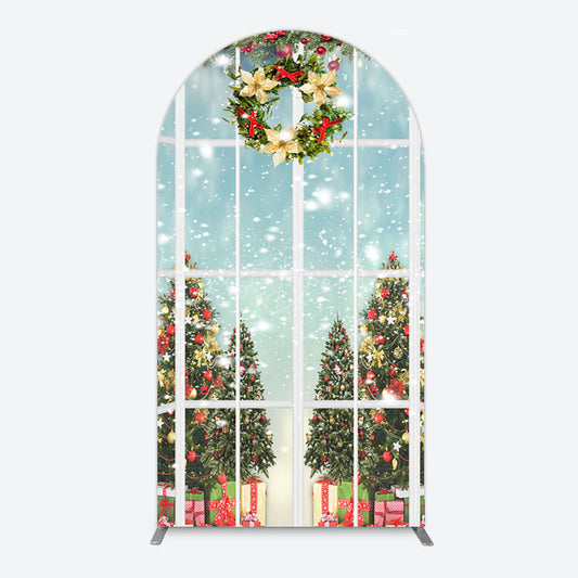 Lofaris Snowy Christmas Wreath Window Scene Arch Backdrop