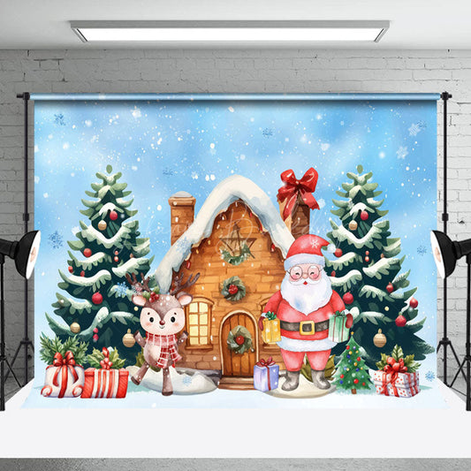 Lofaris Snowy Elk Santa Festive Christmas Cabin Backdrop