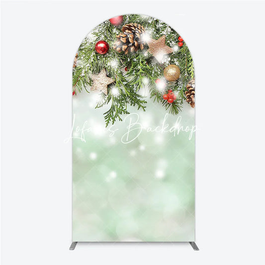 Lofaris Snowy Evergreen Branches Red Berries Round Top Arch Backdrop Gold Stars Pinecones Winter Holiday Decor
