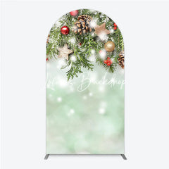 Lofaris Snowy Evergreen Branches Red Berries Round Top Arch Backdrop Gold Stars Pinecones Winter Holiday Decor