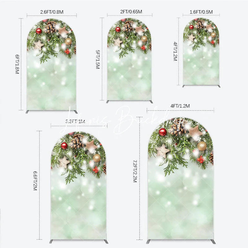Lofaris Snowy Evergreen Branches Red Berries Round Top Arch Backdrop Gold Stars Pinecones Winter Holiday Decor