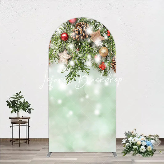 Lofaris Snowy Evergreen Branches Red Berries Round Top Arch Backdrop Gold Stars Pinecones Winter Holiday Decor
