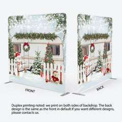 Lofaris Snowy Fence Bus Christmas Tension Fabric Backdrop