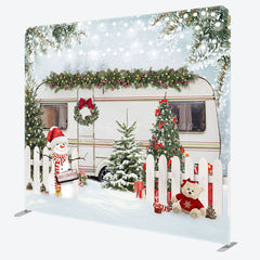 Lofaris Snowy Fence Bus Christmas Tension Fabric Backdrop