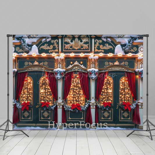 Lofaris Snowy Festive Red Green Store Christmas Backdrop