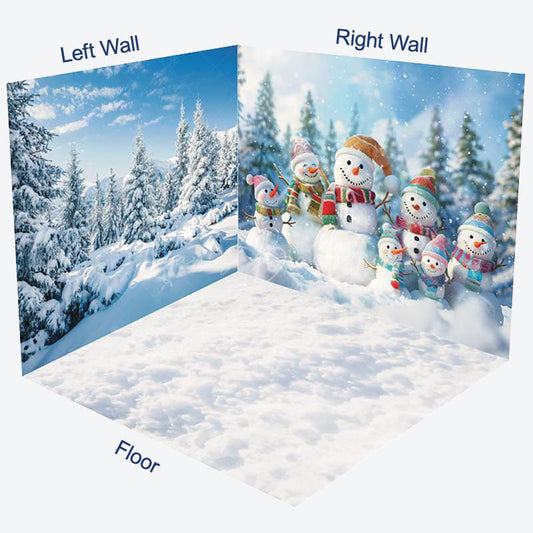 Lofaris Snowy Forest Cute Snowman Winter Room Set Backdrop