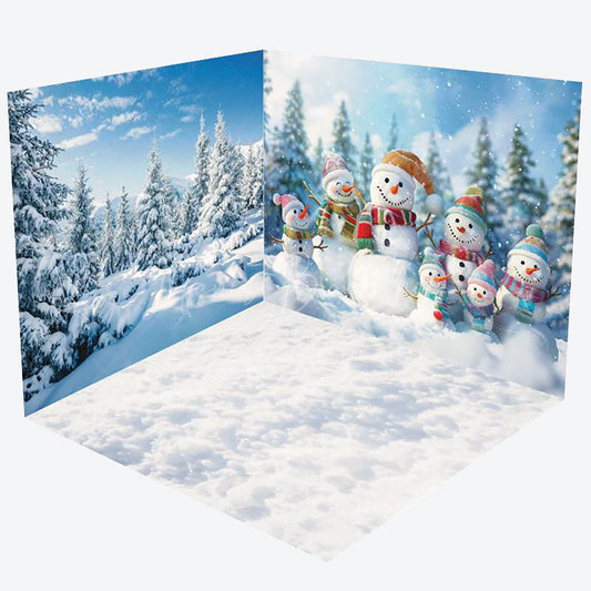 Lofaris Snowy Forest Cute Snowman Winter Room Set Backdrop