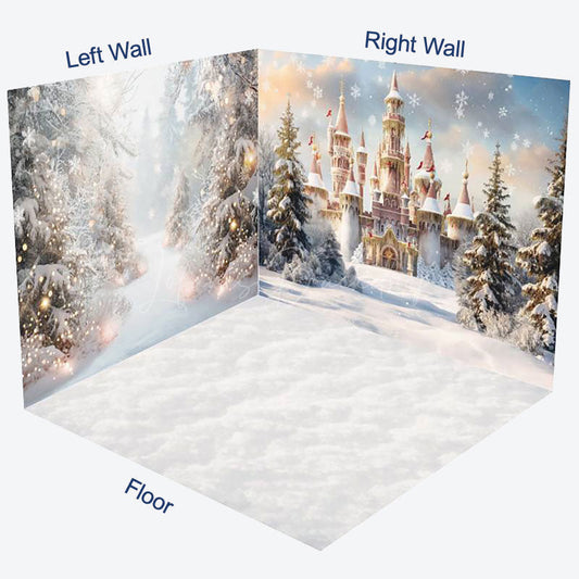 Lofaris Snowy Forest Scene Castle Christmas Room Set Backdrop