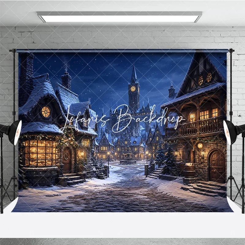 Lofaris Snowy Medieval Village at Night with Warm Glowing Lights Photography Backdrop Winter Holiday Celebration Decor