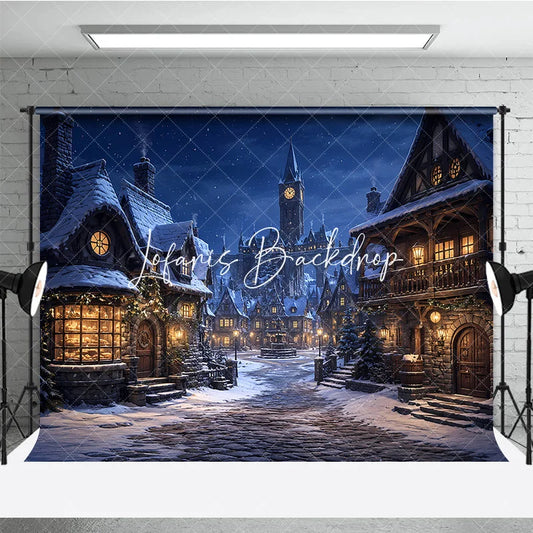 Lofaris Snowy Medieval Village at Night with Warm Glowing Lights Photography Backdrop Winter Holiday Celebration Decor