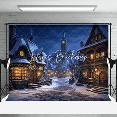 Lofaris Snowy Medieval Village at Night with Warm Glowing Lights Photography Backdrop Winter Holiday Celebration Decor