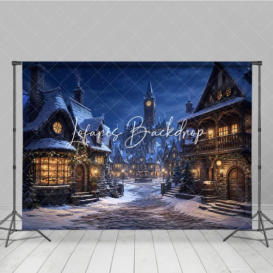 Lofaris Snowy Medieval Village at Night with Warm Glowing Lights Photography Backdrop Winter Holiday Celebration Decor