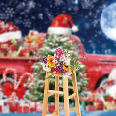 Lofaris Snowy Moon Night Red Truck Christmas Vibe Backdrop