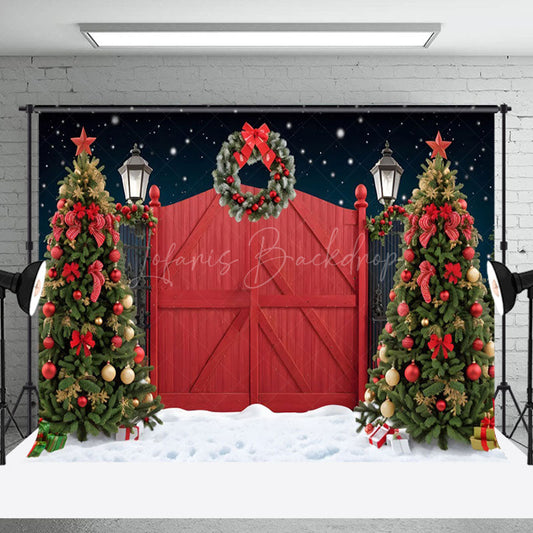 Lofaris Snowy Night Red Door Wreath Tree Christmas Backdrop