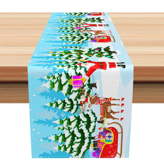 Lofaris Snowy Pine Forest Santa Elk Sled Xmas Table Runner