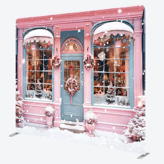 Lofaris Snowy Pink Blue House Winter Pillow Cover Backdrop