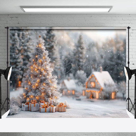 Lofaris Snowy Rural House Forest Trees Christmas Backdrop