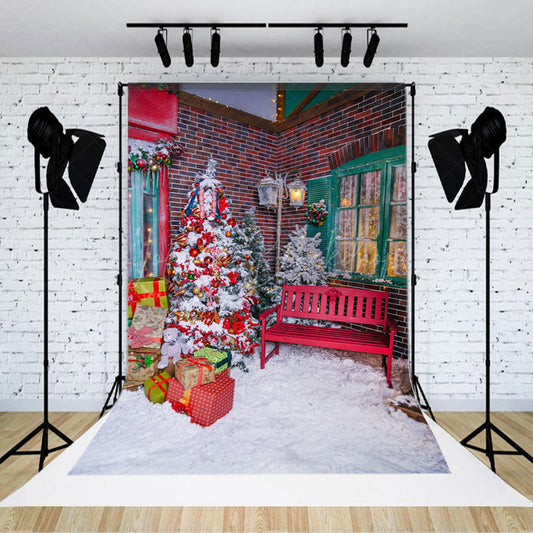 Lofaris Snowy Street Corner Bench Christmas Vibe Backdrop
