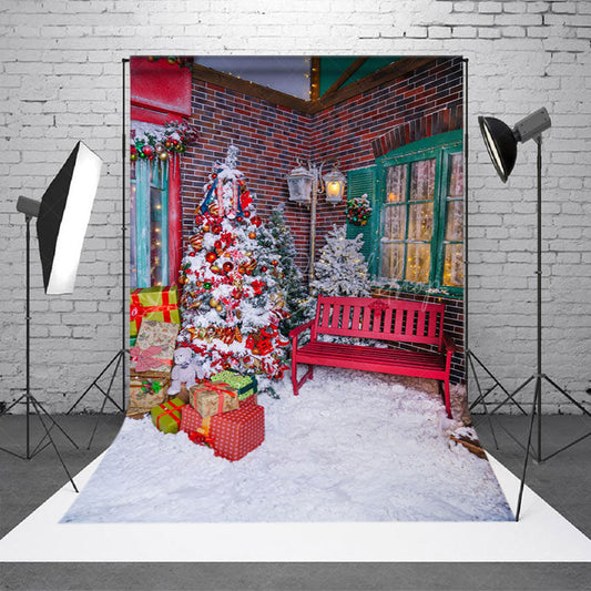 Lofaris Snowy Street Corner Bench Christmas Vibe Backdrop