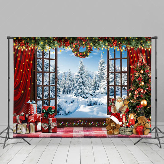 Lofaris Snowy Window Red Gifts Toy Bear Christmas Backdrop