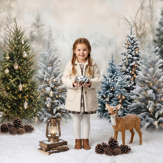 Lofaris Snowy Winter Forest Christmas Trees Combo Set Backdrop Golden Lights Holiday Party Decor