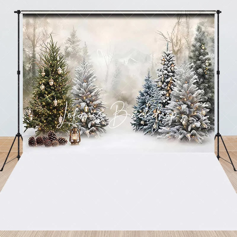 Lofaris Snowy Winter Forest Christmas Trees Combo Set Backdrop Golden Lights Holiday Party Decor