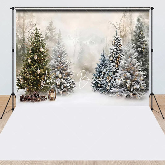 Lofaris Snowy Winter Forest Christmas Trees Combo Set Backdrop Golden Lights Holiday Party Decor