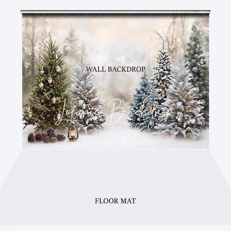 Lofaris Snowy Winter Forest Christmas Trees Combo Set Backdrop Golden Lights Holiday Party Decor