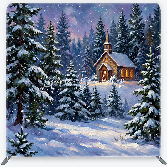 Lofaris Snowy Winter Forest Church Square Double-Sided Backdrop Picturesque Christmas Holiday Pine Tree Scene Decor