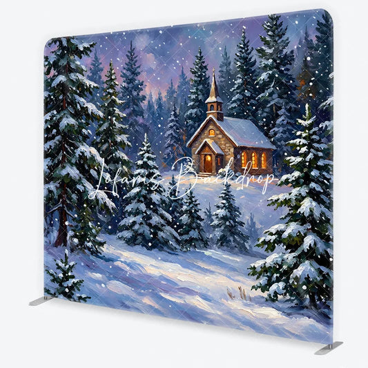 Lofaris Snowy Winter Forest Church Square Double-Sided Backdrop Picturesque Christmas Holiday Pine Tree Scene Decor