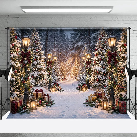 Lofaris Snowy Winter Forest Holiday Backdrop Enchanting Christmas Trees with Lights Vintage Street Lamps and Festive Gifts