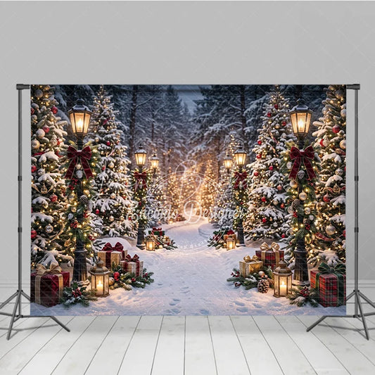 Lofaris Snowy Winter Forest Holiday Backdrop Enchanting Christmas Trees with Lights Vintage Street Lamps and Festive Gifts