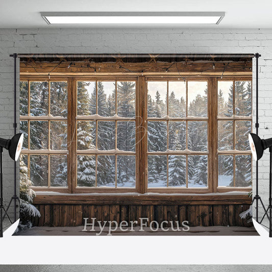 Lofaris Snowy Winter Forest Wooden Window Scene Backdrop