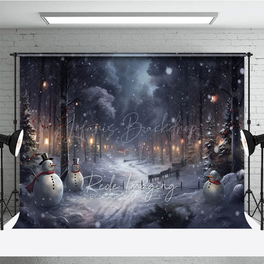 Lofaris Snowy Winter Night Photography Backdrop with Snowmen Magical Forest Lanterns Christmas Photo Background