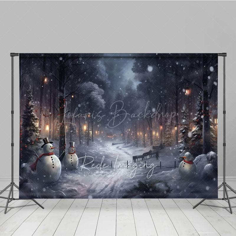 Lofaris Snowy Winter Night Photography Backdrop with Snowmen Magical Forest Lanterns Christmas Photo Background