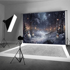 Lofaris Snowy Winter Night Photography Backdrop with Snowmen Magical Forest Lanterns Christmas Photo Background