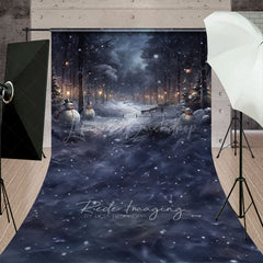 Lofaris Snowy Winter Night with Snowmen Sweep Backdrop Magical Forest Lanterns Christmas Photo Floor Drop