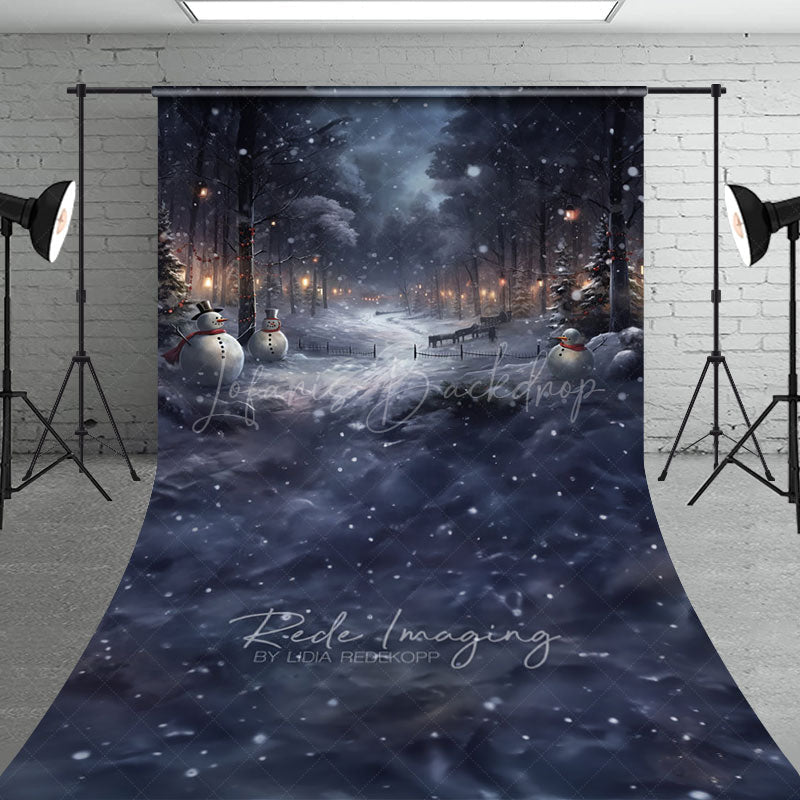 Lofaris Snowy Winter Night with Snowmen Sweep Backdrop Magical Forest Lanterns Christmas Photo Floor Drop