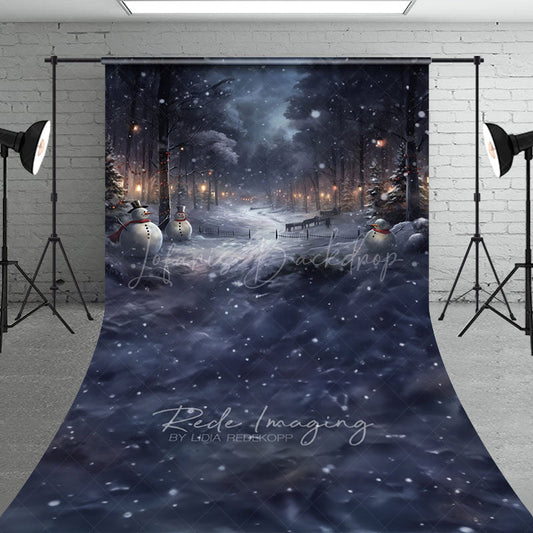 Lofaris Snowy Winter Night with Snowmen Sweep Backdrop Magical Forest Lanterns Christmas Photo Floor Drop