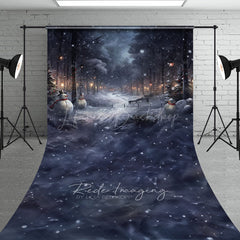 Lofaris Snowy Winter Night with Snowmen Sweep Backdrop Magical Forest Lanterns Christmas Photo Floor Drop