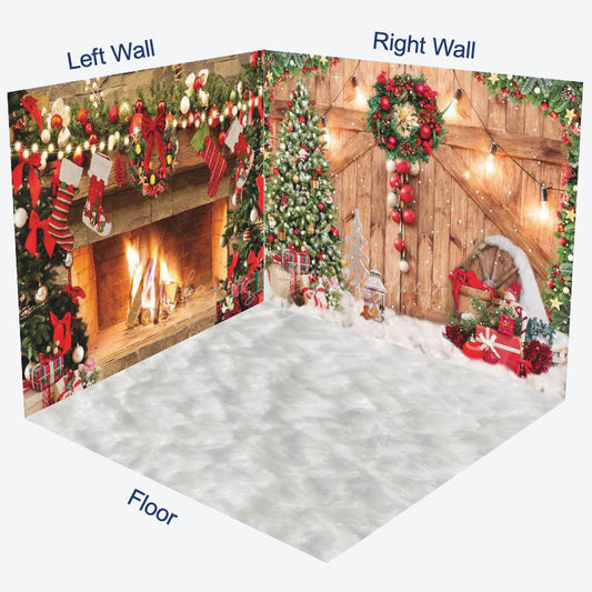 Lofaris Snowy Wood Door Fireplace Christmas Room Set Backdrop