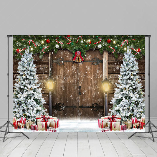 Lofaris Snowy Wood Door Scene Xmas Trees Christmas Backdrop