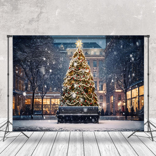 Lofaris Snwoy City Night Trees Lights Christmas Backdrop
