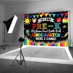 Lofaris So Long Pre-K Kindergarten Here I Come Graduation Backdrop Colorful School Elements Photo Background